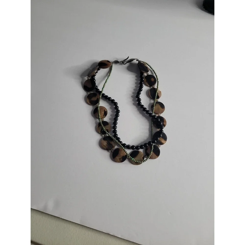 Multi Strand Shell Disc Necklace 925 Sterling‎ Clasp Black Bead Boho Artisan